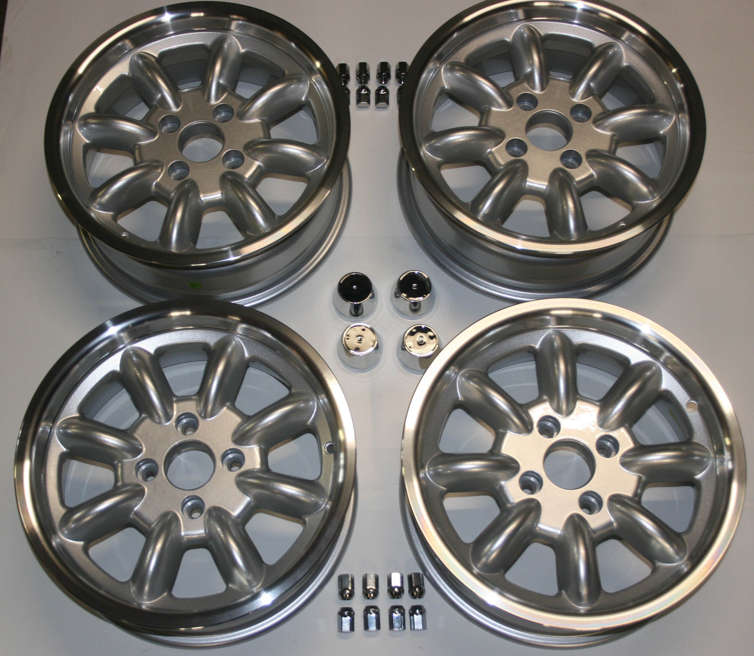 Minilite Type Alloy Wheels 13 x 6&quot; Set of 4 Complete with Wheel Nuts and Centre Caps